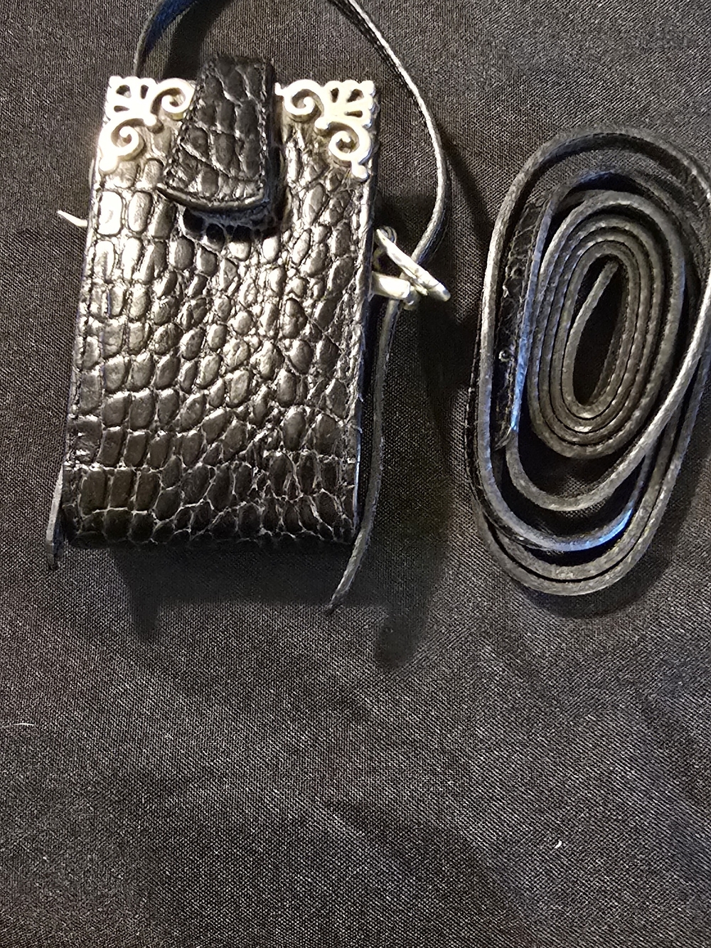 Brighton Black Croc-Embossed Leather Phone Crossbody with Silver Accents